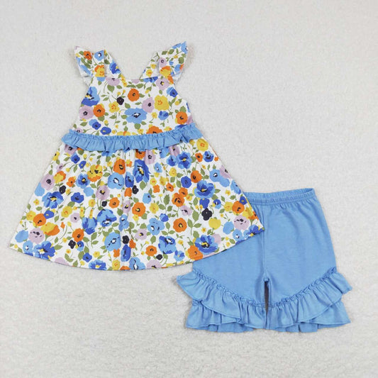 GSSO0494 Floral blue lace flying sleeve shorts suit