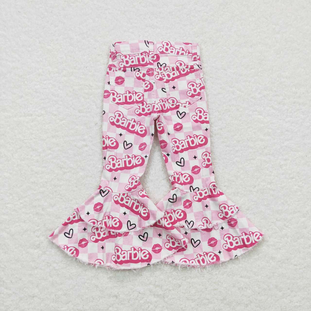 P0294 barbie letter love pink and white plaid denim trousers