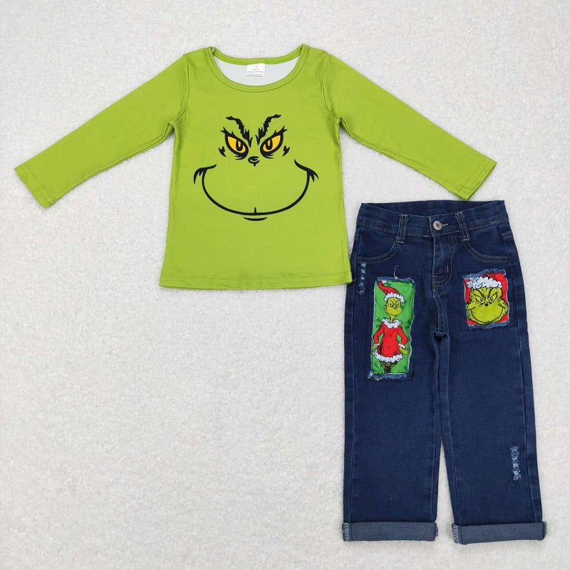 Christmas Green Face Top Matching Denim Pants Outfit 	 BT0256+P0207