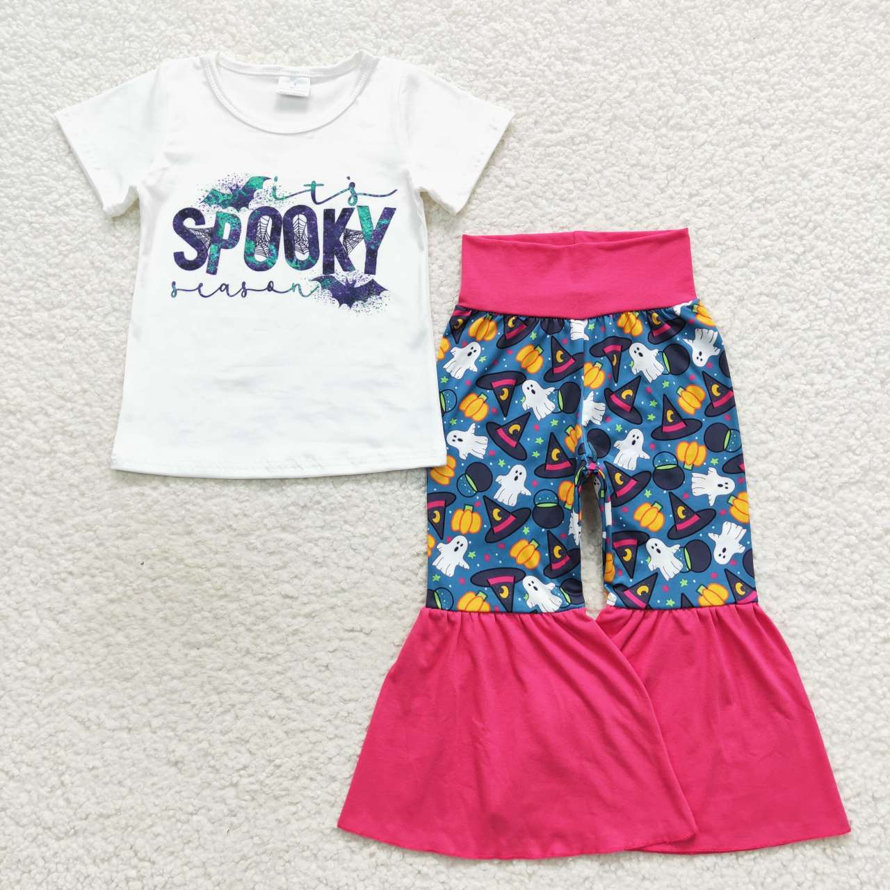 GSPO0800 spooky alphabet white short sleeve spooky pumpkin hat pant suit