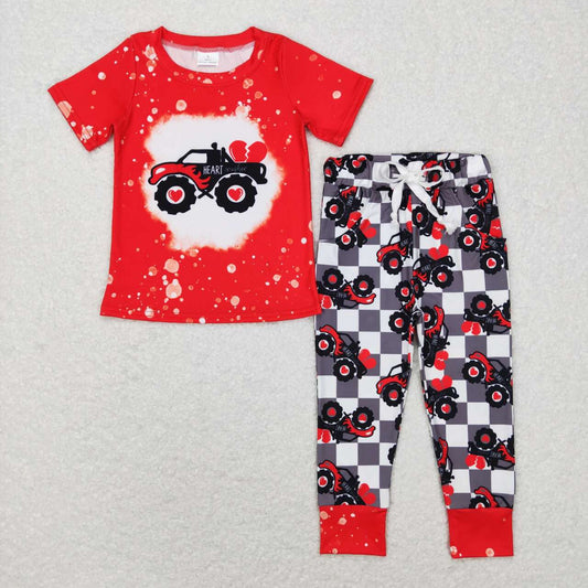 BSPO0227 Off-road vehicle love red short-sleeved gray and white plaid trousers suit