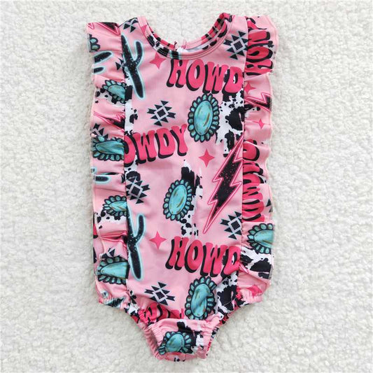 S0036 Girls HOWDY cactus gem pink one-piece swimsuit