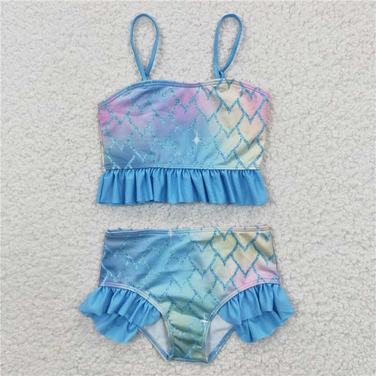 S0061 Colorful fish scale blue suspender swimsuit suit