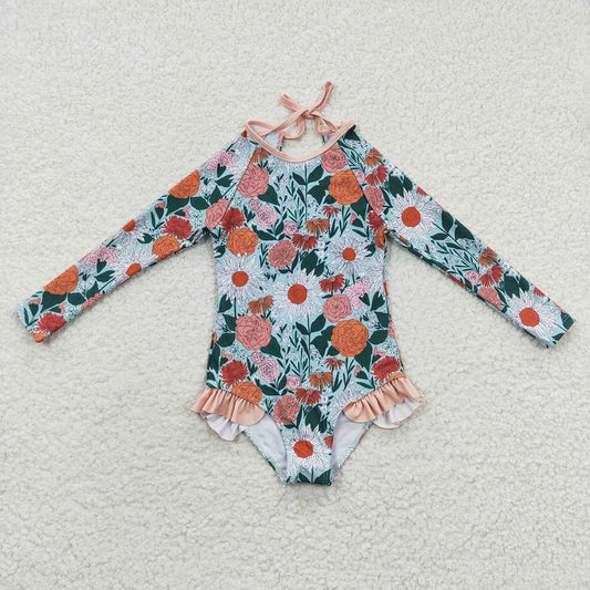 S0084 Multicolored floral green long-sleeved one-piece swimsuit