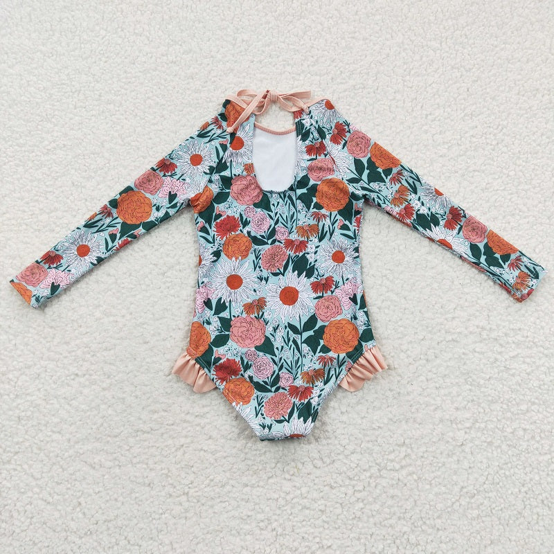 S0084 Multicolored floral green long-sleeved one-piece swimsuit