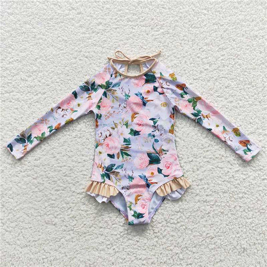 S0085 White floral long-sleeve one-piece swimsuit