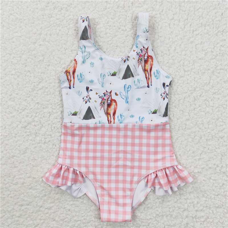 S0118 Horse Cactus Orange One Piece Swimsuit