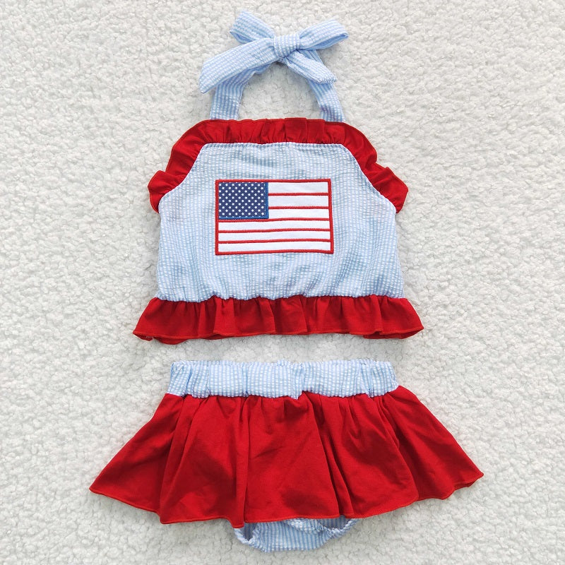 S0134 Girls Embroidered National Day National Flag Blue Swimsuit Set