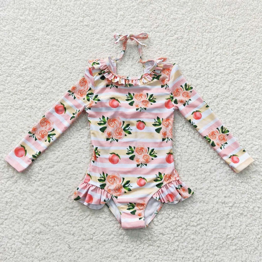 S0139  Peach pink long-sleeved one-piece swimsuit