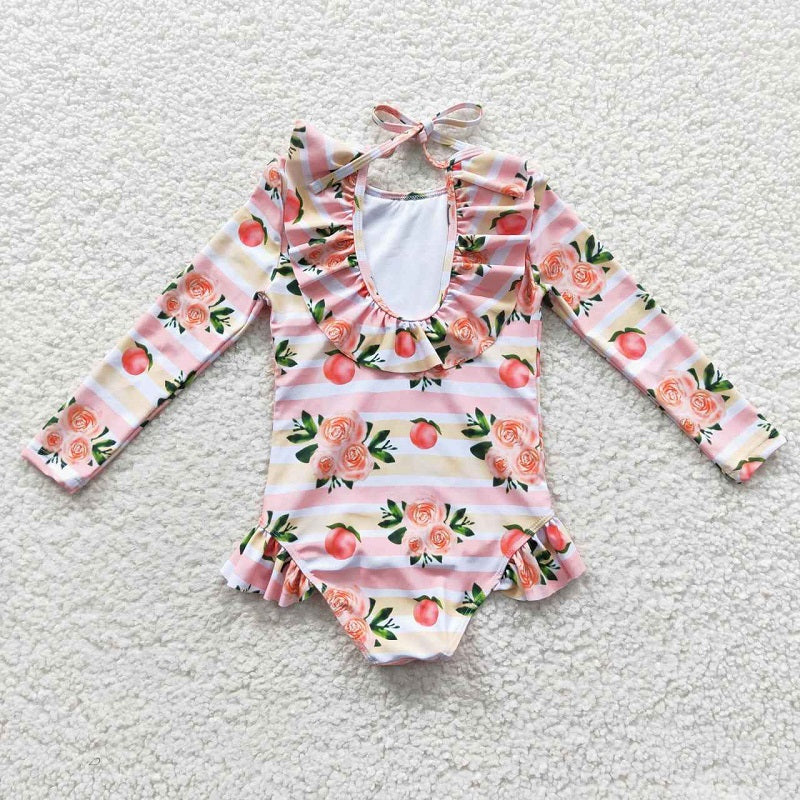 S0139  Peach pink long-sleeved one-piece swimsuit