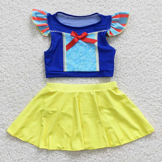 S0144 girls Short Sleeve Yellow Skirt Swimsuit Set
