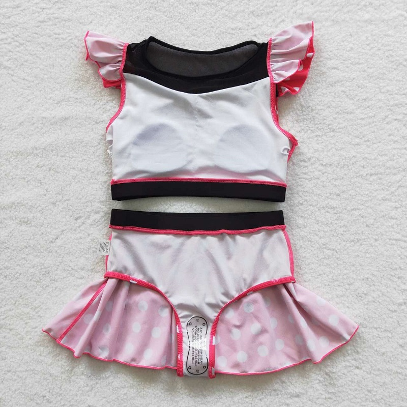 S0147 Pink Polka Dot Short Sleeve Skirt Swimsuit Set