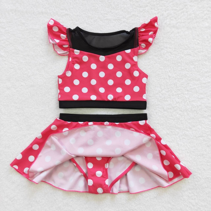 S0147 Pink Polka Dot Short Sleeve Skirt Swimsuit Set