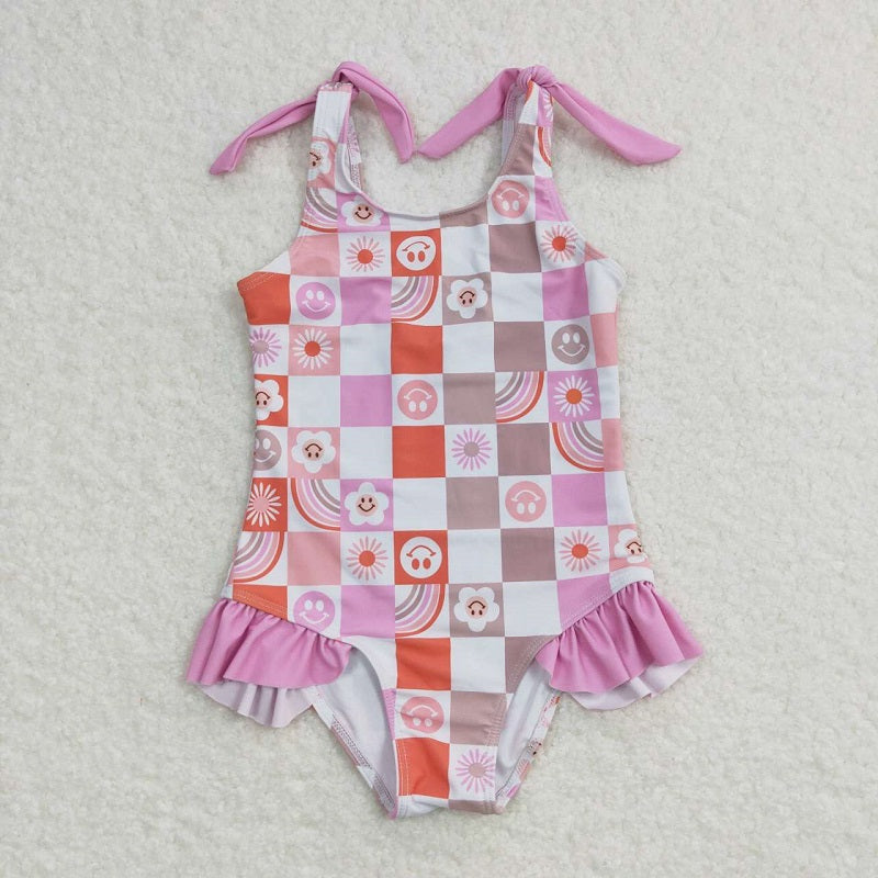 S0150 Happy flower rainbow pink and white plaid one-piece swimsuit