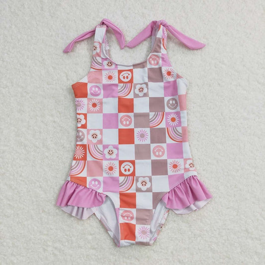 S0150 Happy flower rainbow pink and white plaid one-piece swimsuit