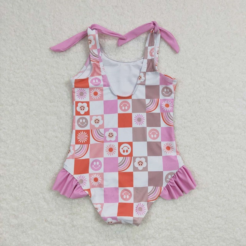 S0150 Happy flower rainbow pink and white plaid one-piece swimsuit