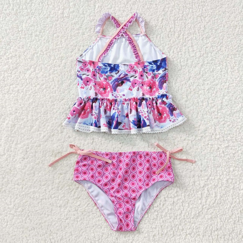 S0156 Floral Lace Rose Red Swimsuit Set