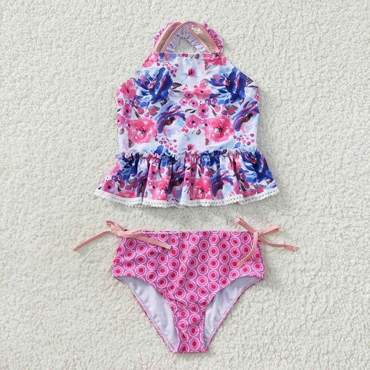 S0156 Floral Lace Rose Red Swimsuit Set