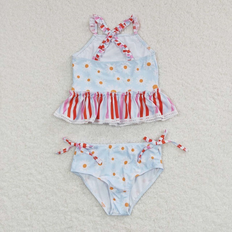 S0157 Small daisy flower red stripe light blue swimsuit suit
