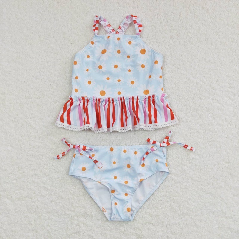 S0157 Small daisy flower red stripe light blue swimsuit suit