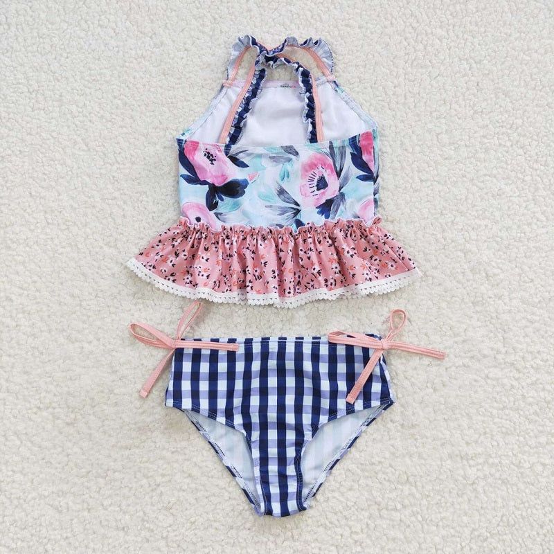 S0158 Floral Lace Blue Plaid Swimsuit Set