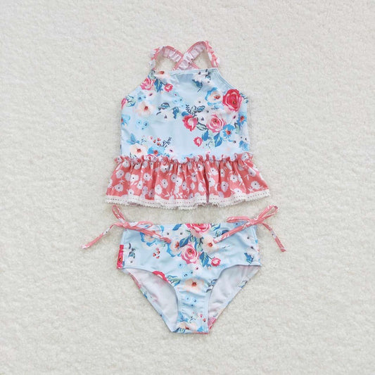 S0159 Floral pink lace light blue swimsuit set