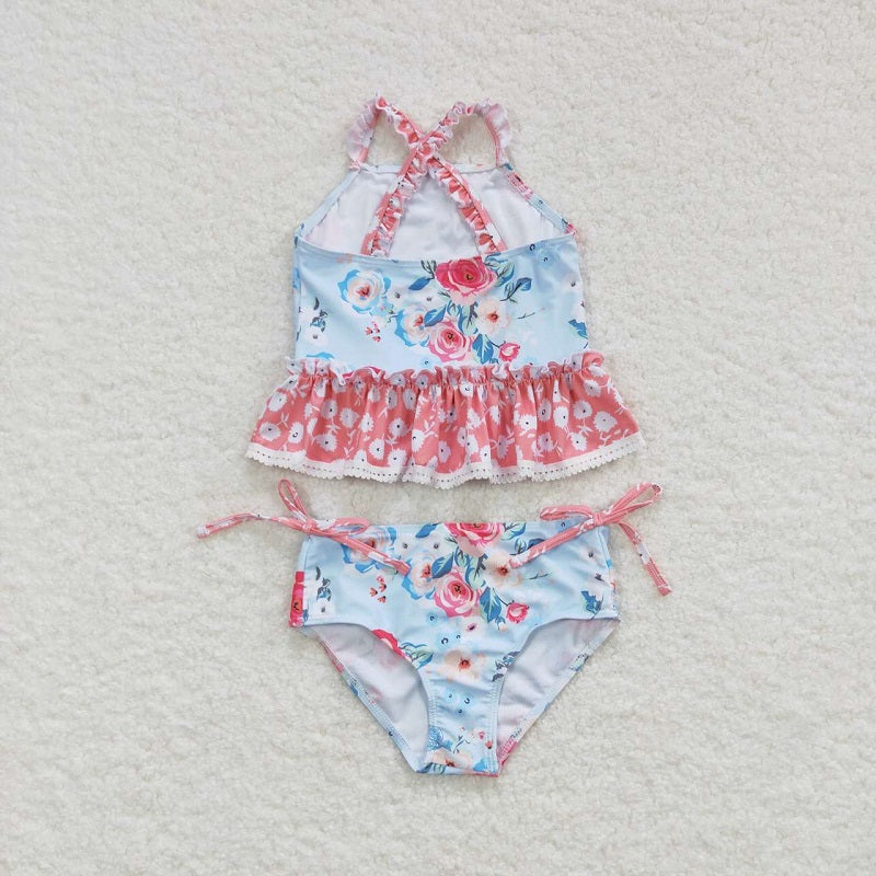 S0159 Floral pink lace light blue swimsuit set