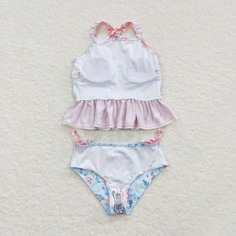 S0159 Floral pink lace light blue swimsuit set