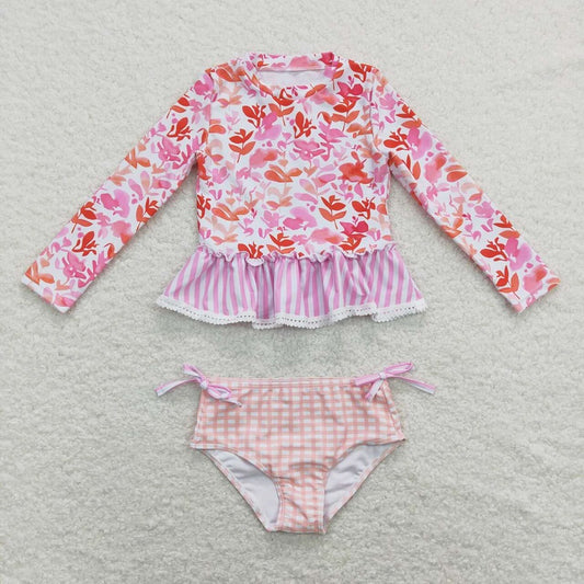 S0166 Floral pink and white striped plaid lace long-sleeved swimsuit set