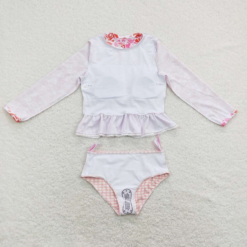 S0166 Floral pink and white striped plaid lace long-sleeved swimsuit set