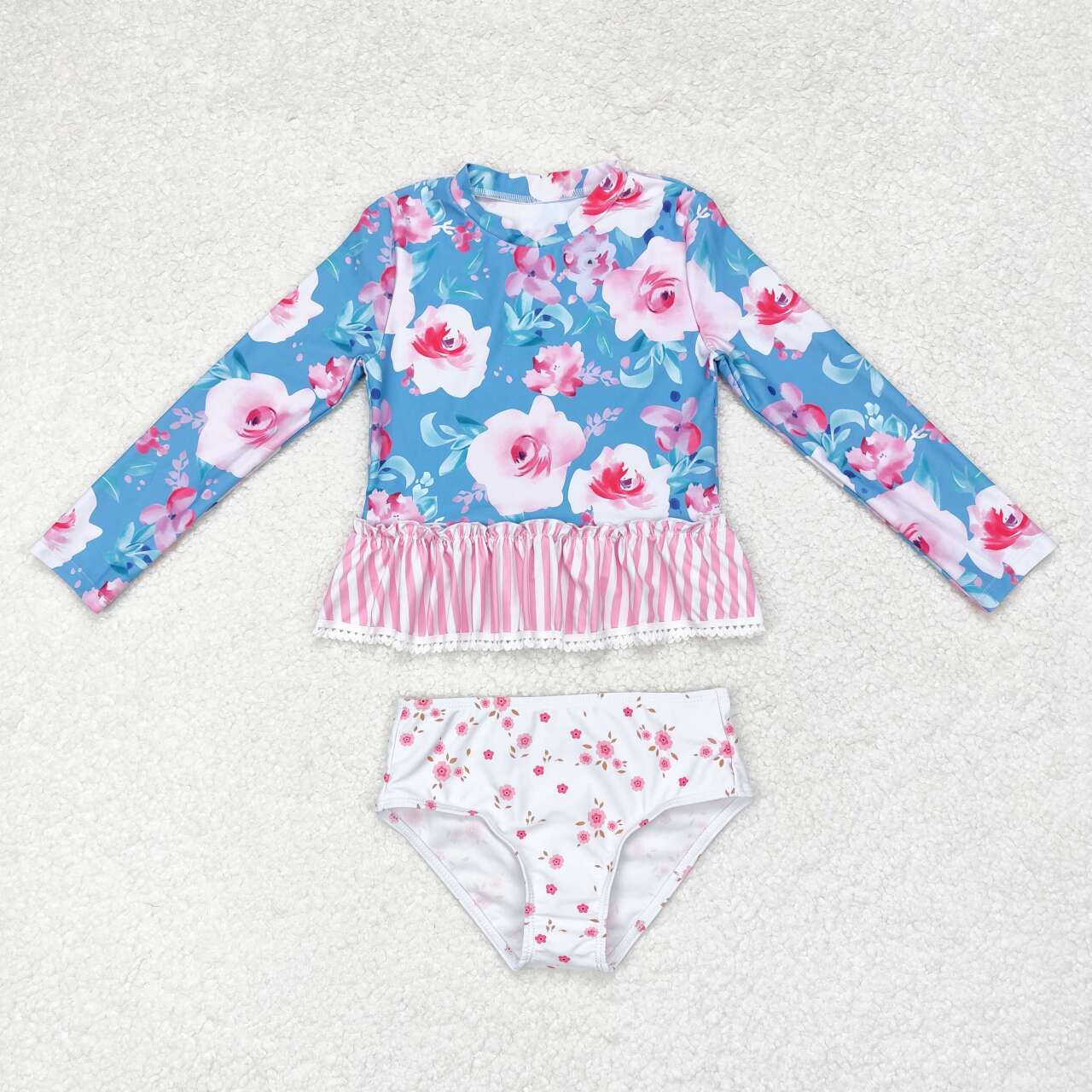 S0168 Floral pink and white striped lace blue and white long-sleeved swimsuit set