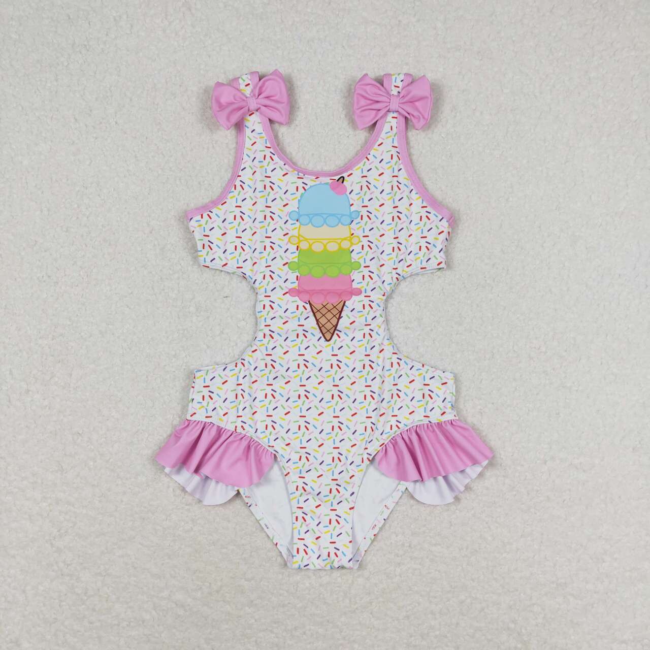 S0178 Ice cream pink lace bow white one-piece swimsuit