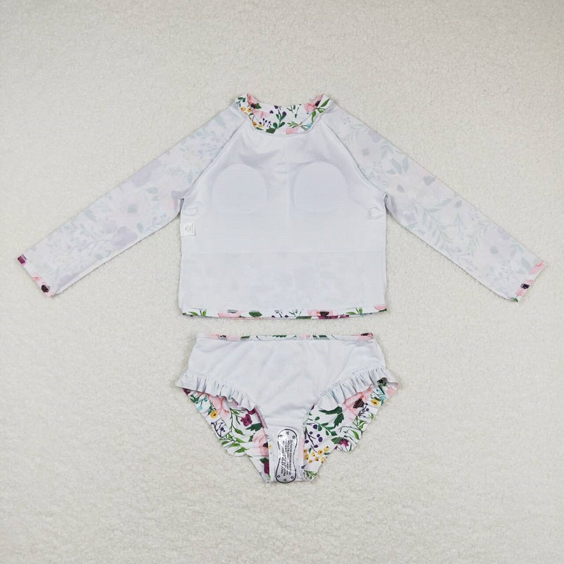 S0180 Pink and purple floral white long-sleeved swimsuit suit