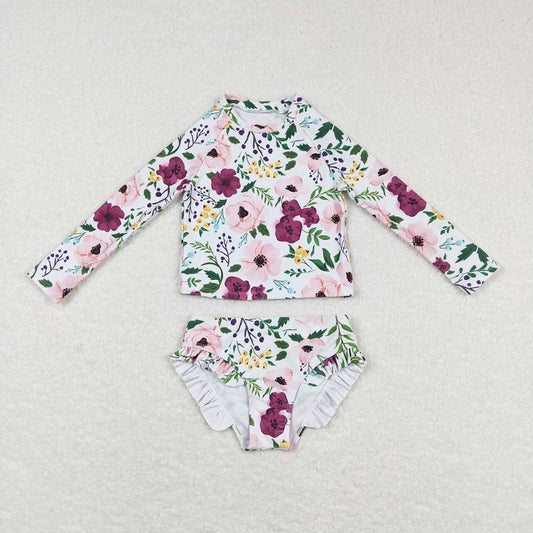 S0180 Pink and purple floral white long-sleeved swimsuit suit