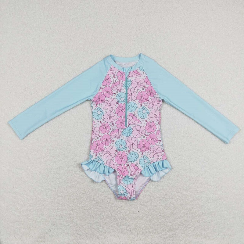 S0182 Shell Pearl Flower Zipper Blue One Piece Swimsuit