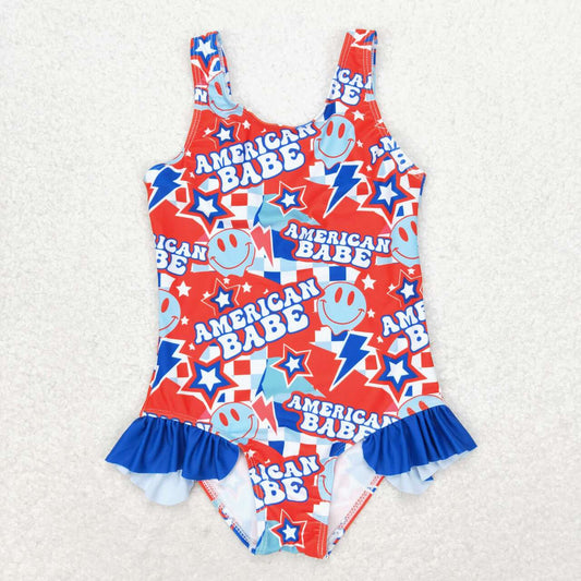 S0214 Star Plaid Blue Lace One-Piece Swimsuit