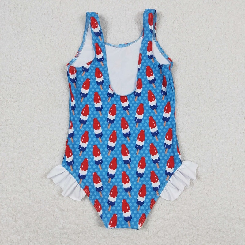 S0217 Bomb Pop Ice Cream Polka Dot White Lace Blue One-Piece Swimsuit