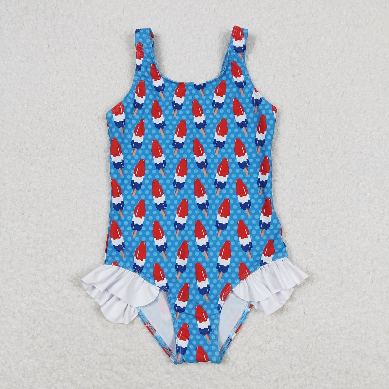 S0217 Bomb Pop Ice Cream Polka Dot White Lace Blue One-Piece Swimsuit