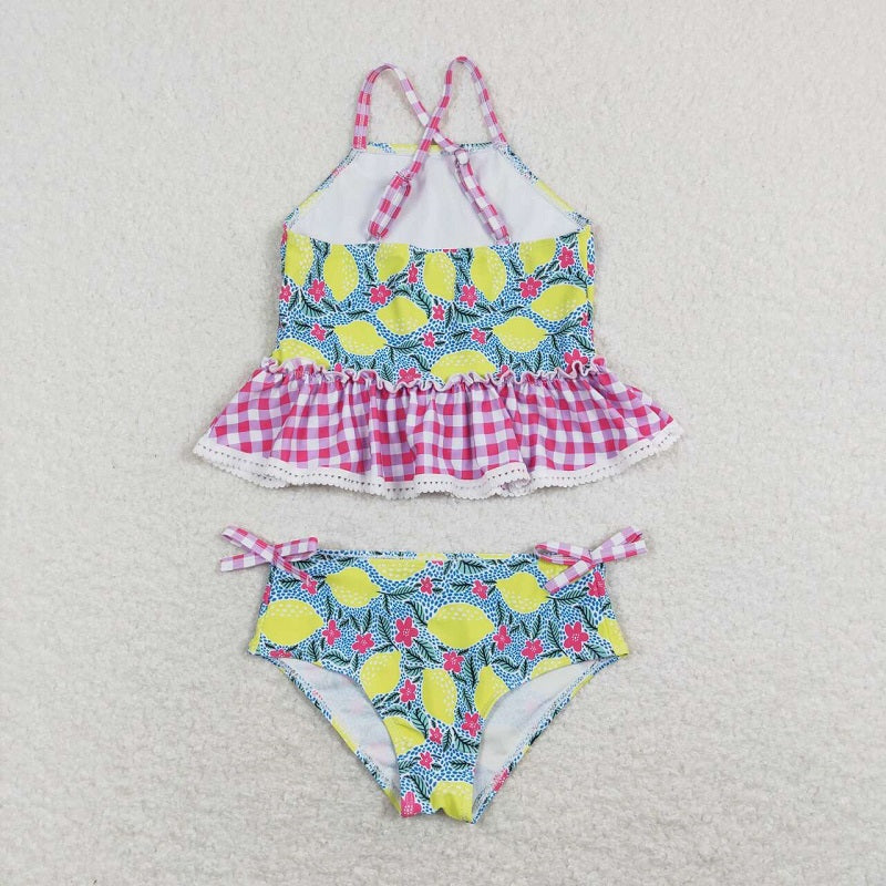 S0219 Lemon pink and white plaid lace swimsuit set