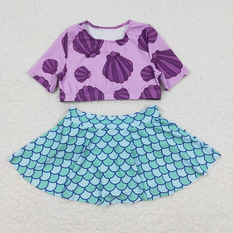 S0222 Shell Purple Short Sleeve Fish Scale Pattern Skirt Swimsuit Set