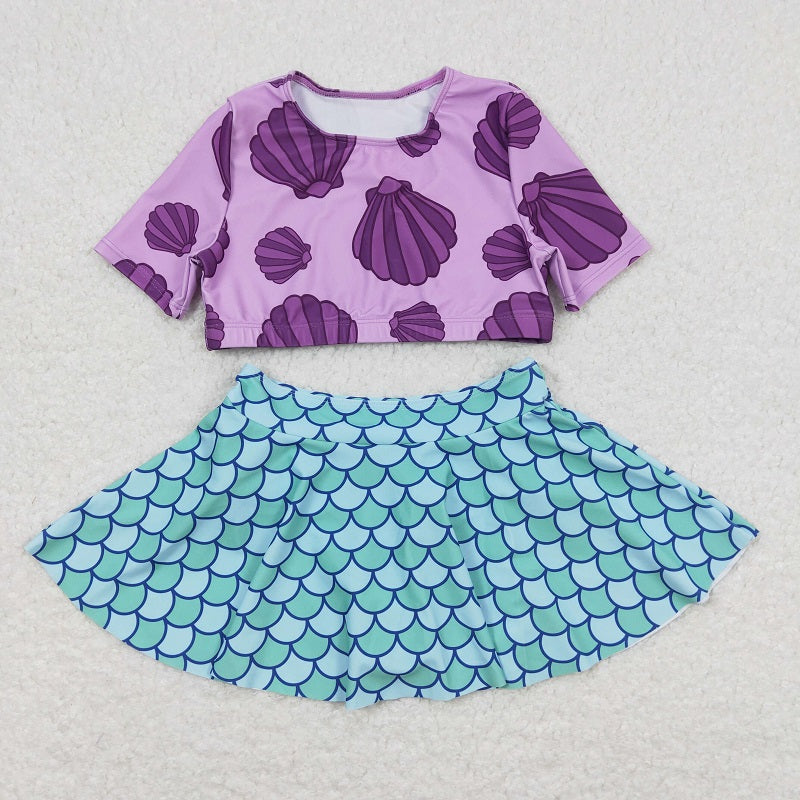 S0222 Shell Purple Short Sleeve Fish Scale Pattern Skirt Swimsuit Set