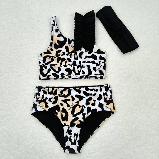 S0223  Leopard print orange and white swimsuit set+headband