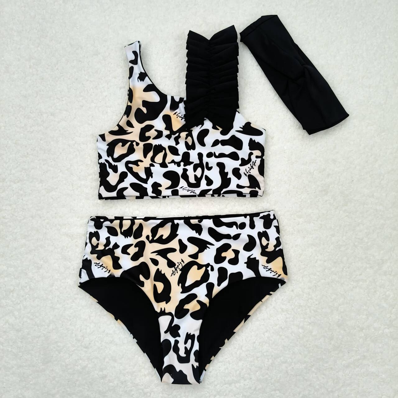 S0223  Leopard print orange and white swimsuit set+headband