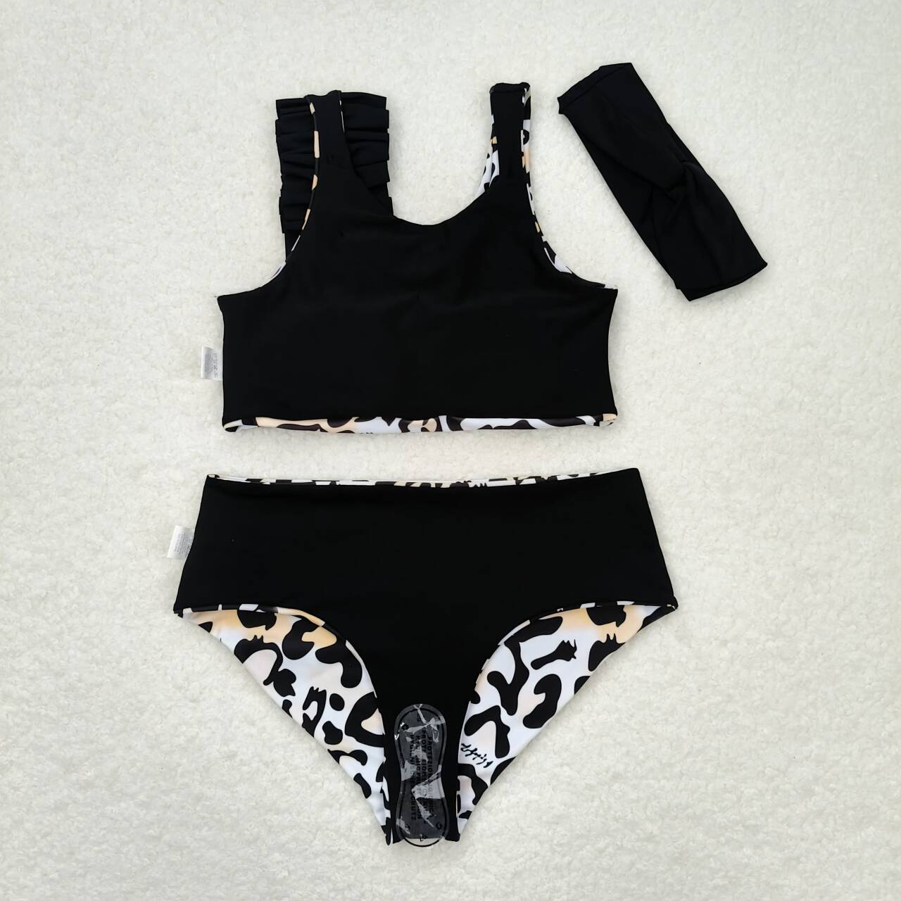 S0223  Leopard print orange and white swimsuit set+headband