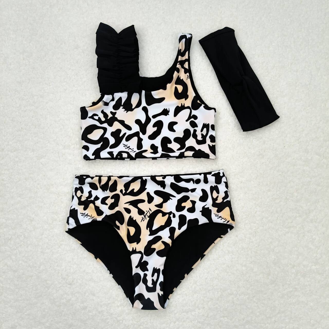 S0223  Leopard print orange and white swimsuit set+headband