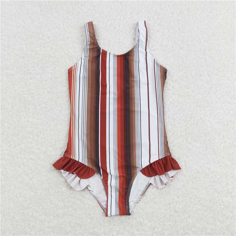 S0238 Orange, red, white and brown striped one-piece swimsuit