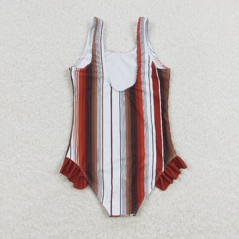 S0238 Orange, red, white and brown striped one-piece swimsuit