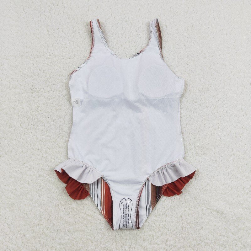 S0238 Orange, red, white and brown striped one-piece swimsuit