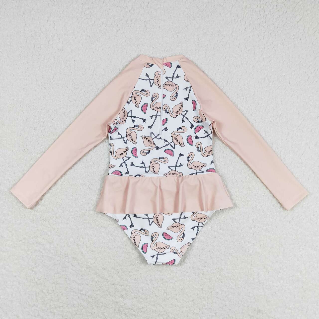 S0245 Watermelon Flamingo White Long Sleeve One-Piece Swimsuit