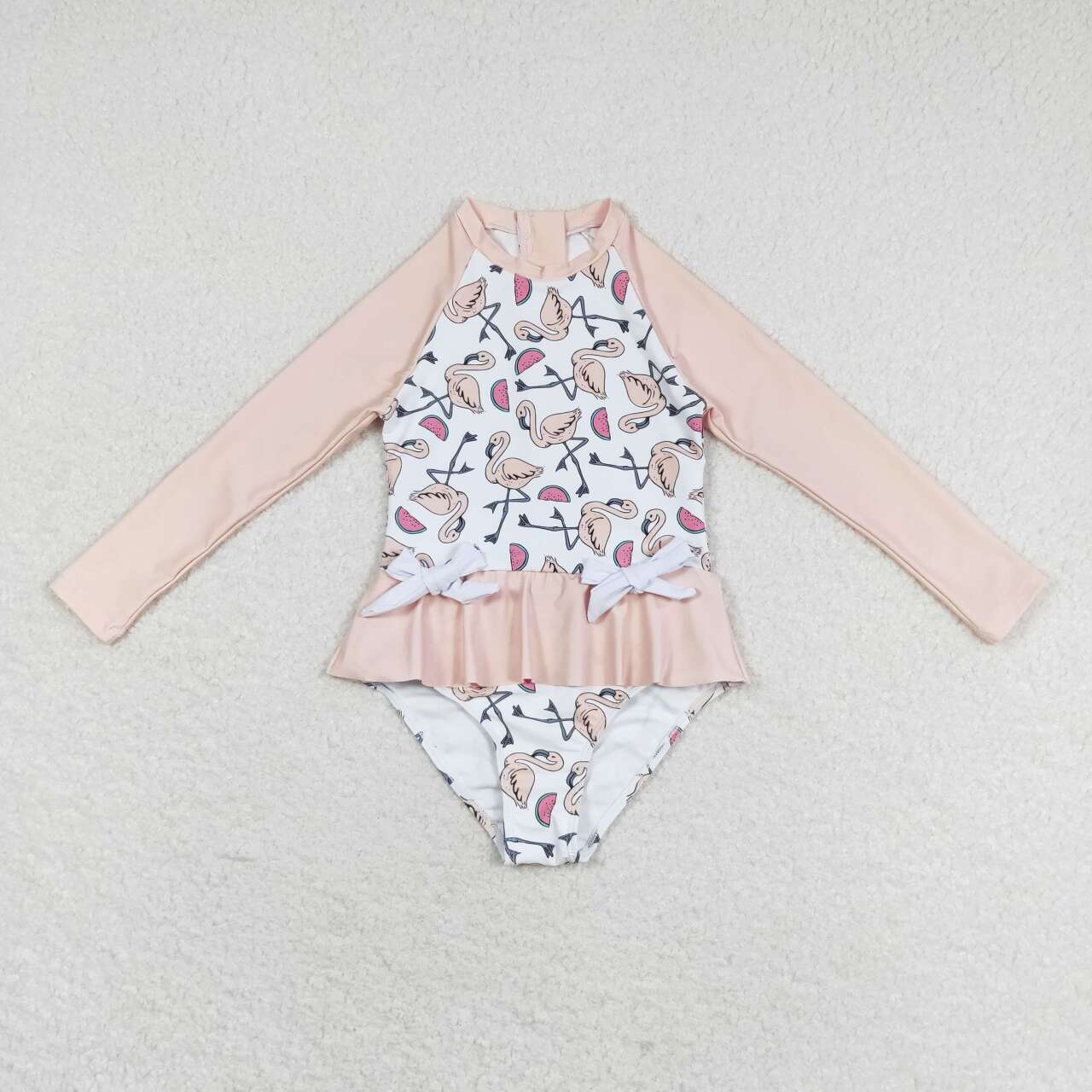 S0245 Watermelon Flamingo White Long Sleeve One-Piece Swimsuit